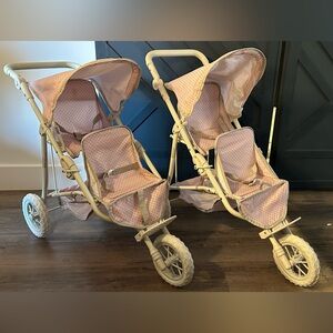 TWO Twin Doll Stroller Set - Light Pink Polka Dot